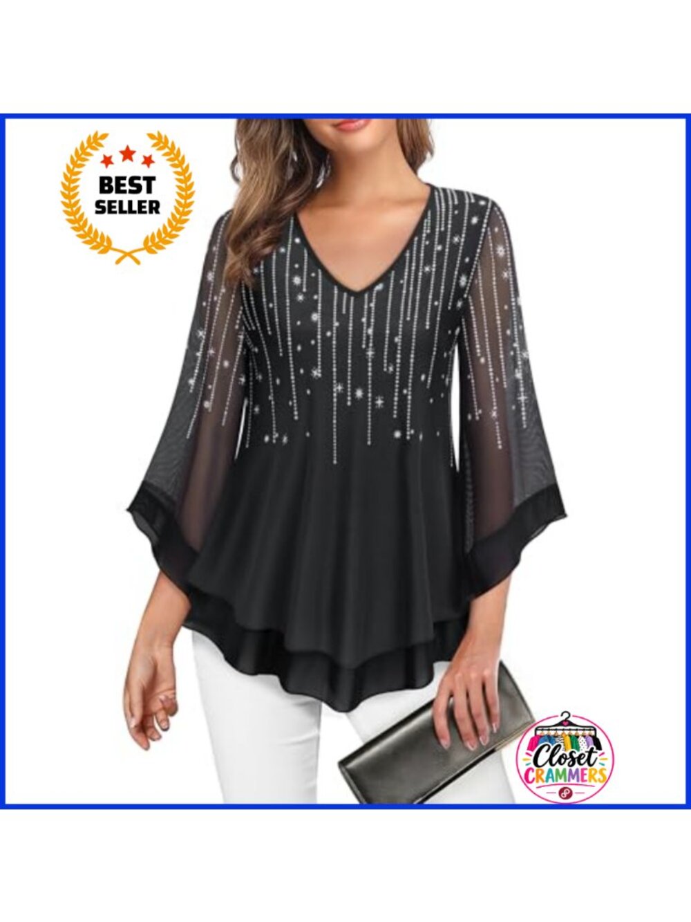 Womens Dressy Mesh Blouse Ruffle 3/4 Flared Sleeve Tunic Top